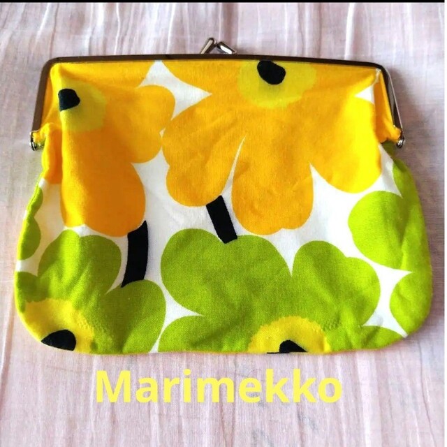 marimekko(マリメッコ)のMarimekko　マリメッコがま口ポーチ　化粧ポーチイエロー×ライトグリー ハンドメイドのファッション小物(ポーチ)の商品写真