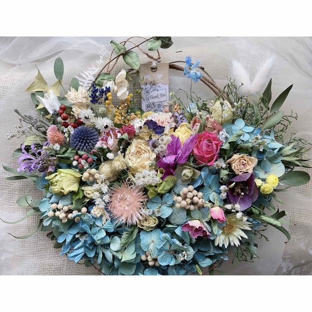 ブルー紫陽花&薔薇&シクラメン 花かごリース 橤 ミル・フルール〜母 ...