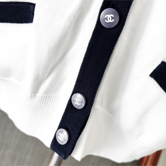 美品 CHANEL シャネル バイカラー コットン カーディガン ヴィンテージ