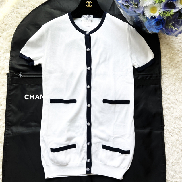 美品 CHANEL シャネル バイカラー コットン カーディガン ヴィンテージ