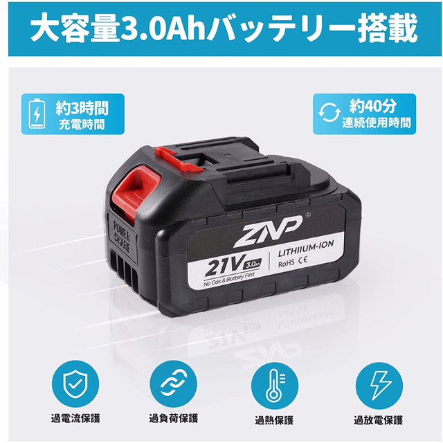 ZNP チェーンソー 充電式 電動チェーンソー 21V3.0Ah大容量バッテリー