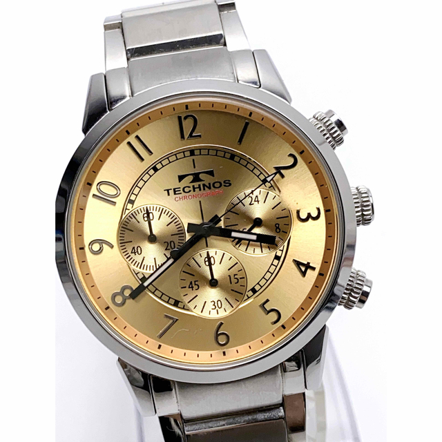T533 美品 テクノス クロノグラフ 腕時計 ゴールド文字盤 クオーツ 希少