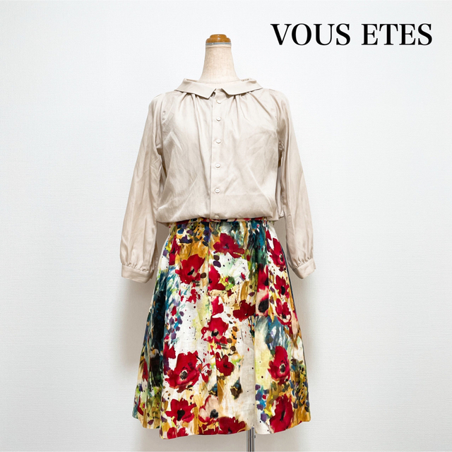 VOUS ETES(ヴゼット)のVOUS ETES 膝丈ドッキングワンピース 麻 絹 花柄 上品 美シルエット レディースのワンピース(ひざ丈ワンピース)の商品写真