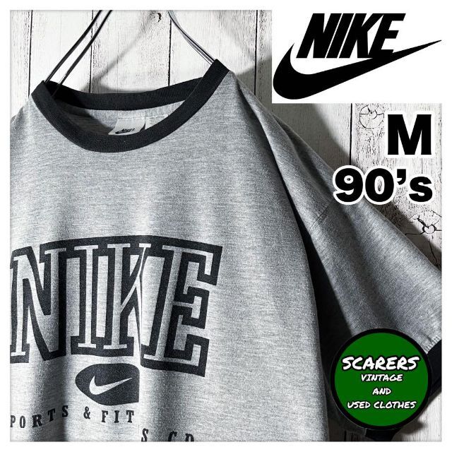 白タグ M 90s】ナイキ スウッシュ レアロゴ リンガーTシャツ 灰 黒