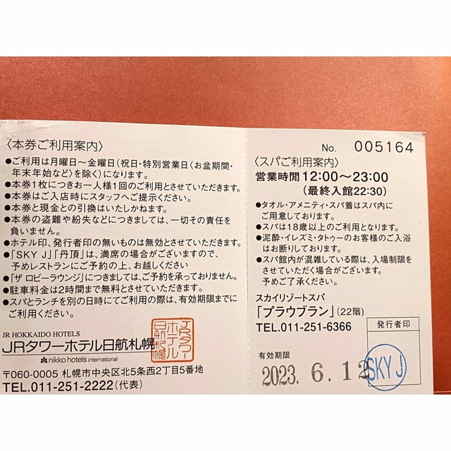 JR(ジェイアール)のJRタワーホテル日航札幌スパ プラウブラン入浴券1枚 チケットの施設利用券(その他)の商品写真