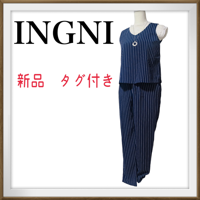 INGNI(イング)の新品　タグ付き　INGNI オールインワン　ノースリーブ　パンツスーツ　Ｍ　紺白 レディースのパンツ(オールインワン)の商品写真