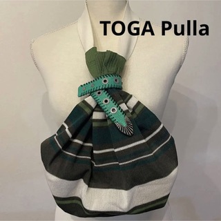 TOGA Pulla トーガプルラ　ニット　ストライプ　巾着　バッグ　グリーン