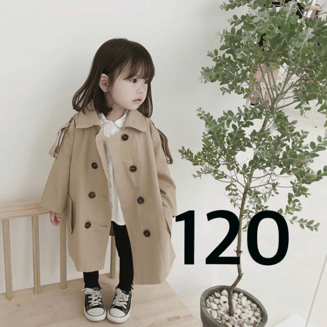 120 キッズ ベージュ トレンチコート アウター 韓国 子供服  美品 キッズ/ベビー/マタニティのキッズ服女の子用(90cm~)(コート)の商品写真