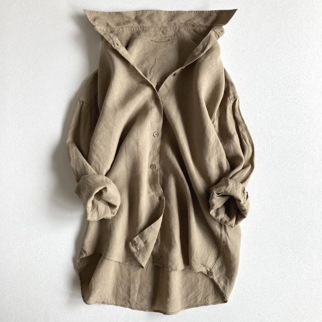リネン100% 麻シャツ ゆったり 長袖 ベージュ 春服 日本最大の lecoupe