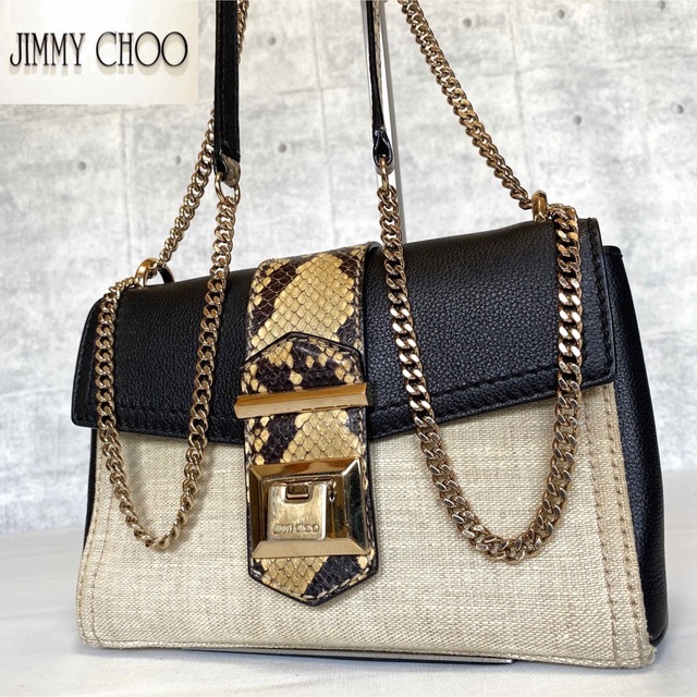 【美品】JIMMY CHOO パイソン ブラック ゴールチェーンショルダーバッグ 2