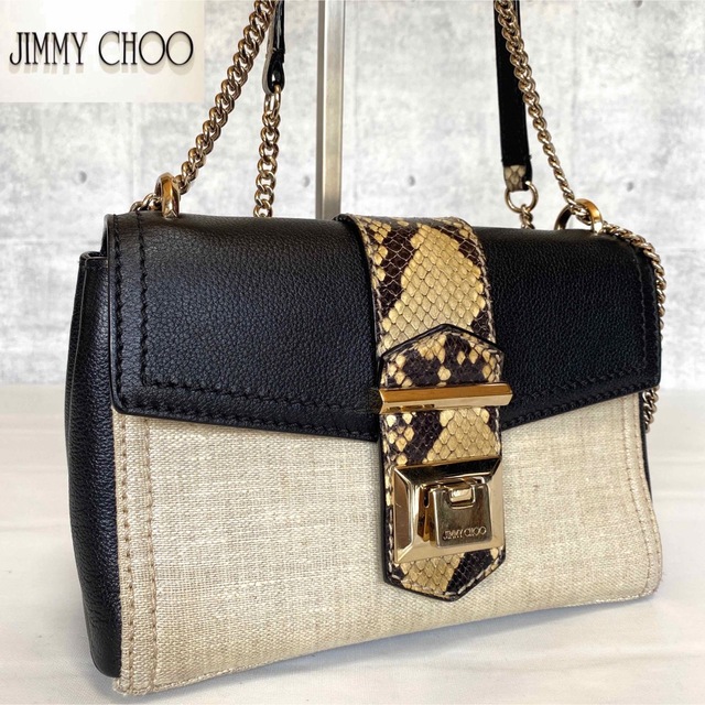 【美品】JIMMY CHOO パイソン ブラック ゴールチェーンショルダーバッグ