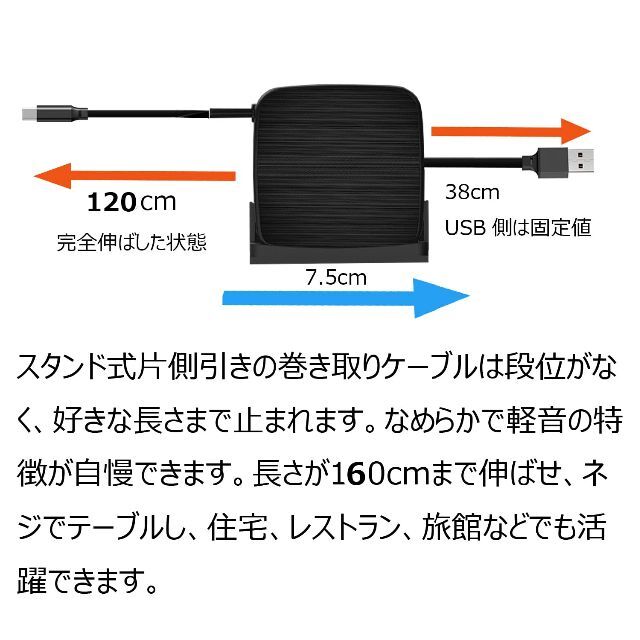 【人気商品】新登場スタンド式片側引き 160cm USBC TYPEC to T 2