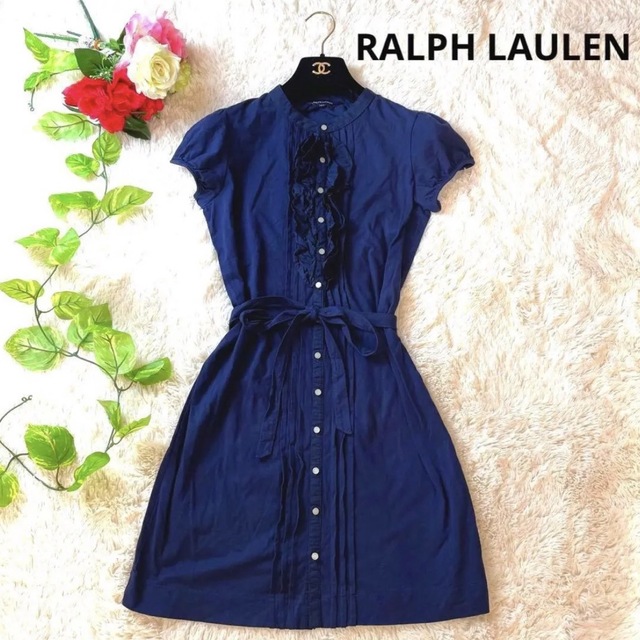 POLO RALPH LAUREN(ポロラルフローレン)のラルフローレン　ワンピース　ネイビー　フリル　ベルト　S レディースのワンピース(ひざ丈ワンピース)の商品写真