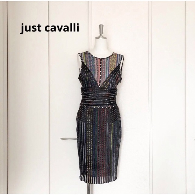 Just Cavalli(ジャストカヴァリ)のレア　ジャストカバリ　スタッズ　レース　デザイン　ストライプ　ワンピース レディースのワンピース(ひざ丈ワンピース)の商品写真