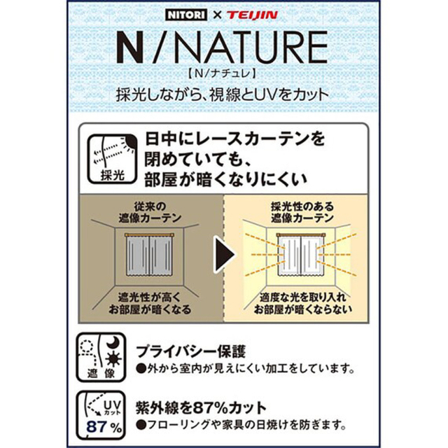 ニトリ(ニトリ)の Nナチュレ 丈208  ①幅372(186x2 ) ② 幅200(100x2) インテリア/住まい/日用品のカーテン/ブラインド(レースカーテン)の商品写真