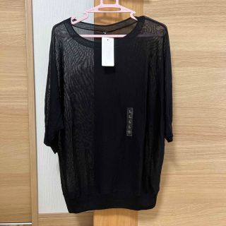 ユニクロ(UNIQLO)のユニクロ/ライトシアーボートネックセーター五分袖,ブラック,Ｌサイズ（新品）(Tシャツ(長袖/七分))