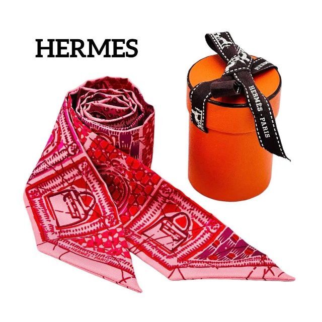 一点物 HERMES エルメス ツイリー シルク スカーフ 保存箱付き ピンク