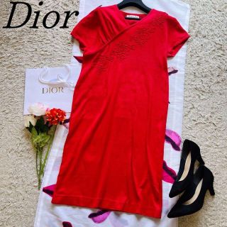 クリスチャンディオール(Christian Dior)の【美品】Christian Dior サマーニットワンピース レッド L 半袖(ひざ丈ワンピース)