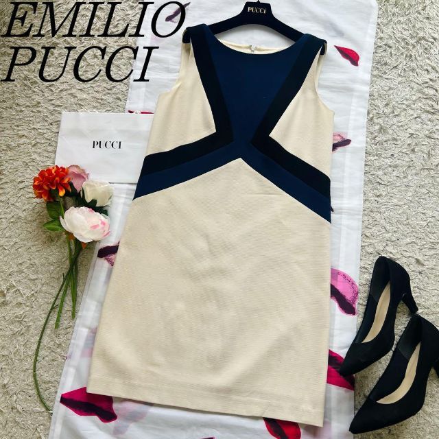 【良品】EMILIO PUCCI ノースリーブワンピース ライン 膝丈