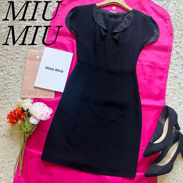 素材アセテートレーヨン【美品】MIU MIU 膝丈ワンピース ブラック 36 フリル