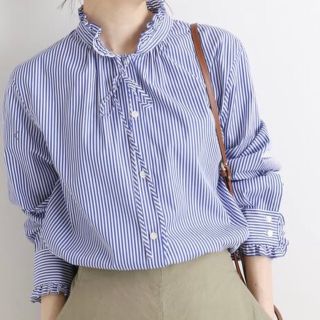 イエナ SOMELOS ショートシャツ 長袖 ストライプ 比翼仕立て 36 青