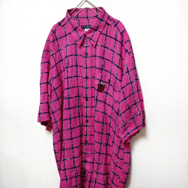 HARDY AMIES(ハーディエイミス)のハーディエイミス　シャツ　半袖　L　日本製　90s　刺繍ロゴ　マゼンタ メンズのトップス(シャツ)の商品写真