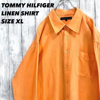 トミーヒルフィガー(TOMMY HILFIGER)のアメリカ古着トミーヒルフィガー長袖リネン綿シャツ　サイズXL オレンジ　ゆるだぼ(シャツ)