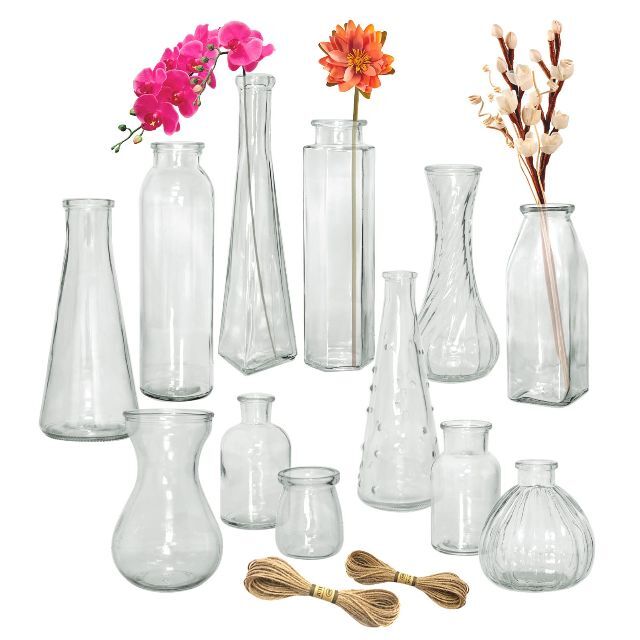 ガラスの花瓶12つセット ミニ花器 一輪挿し 透明フラワーベース花器 ガラスボト