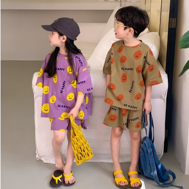 韓国子供服　おしゃれ　スマイルプリント　半袖セットアップ　100サイズ キッズ/ベビー/マタニティのキッズ服女の子用(90cm~)(その他)の商品写真