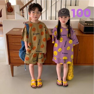 韓国子供服　おしゃれ　スマイルプリント　半袖セットアップ　100サイズ(その他)