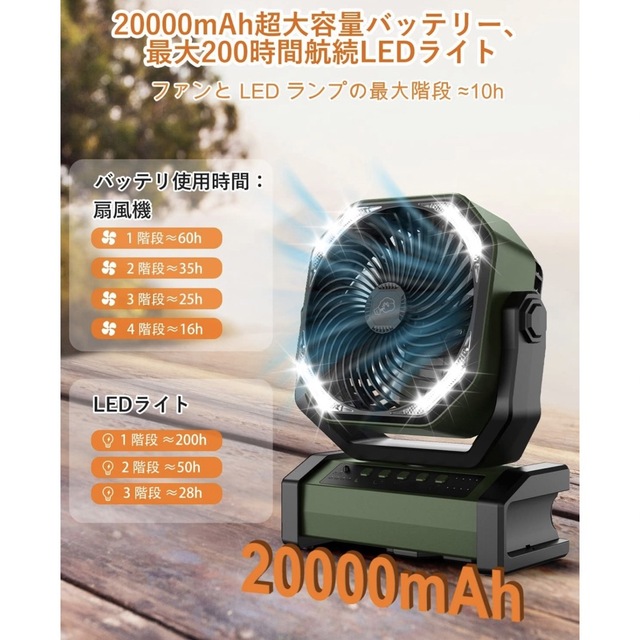 HOT爆買い キャンプ 扇風機 20000mAh大容量 最大60時間連続使用 Type-C