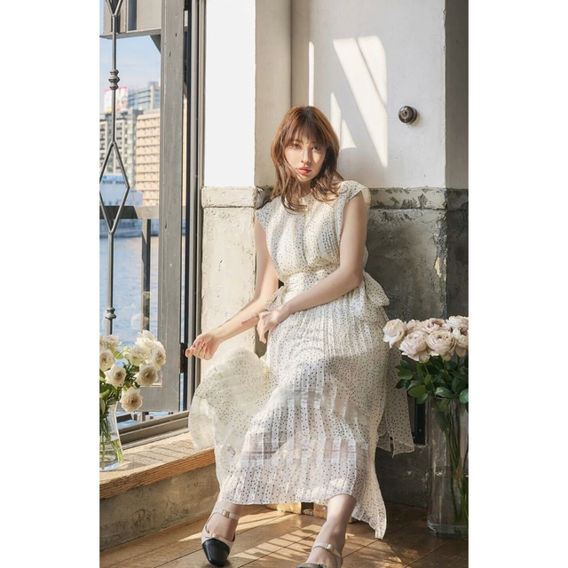 新品未使用　Polka Dot Side Bow Pleated Dress