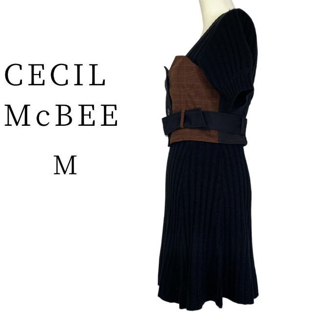 CECIL McBEE(セシルマクビー)のCECILMcBEE ビスチェ付　ひざ丈　Aライン　ニットワンピース　Mサイズ レディースのワンピース(ひざ丈ワンピース)の商品写真