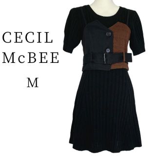 セシルマクビー(CECIL McBEE)のCECILMcBEE ビスチェ付　ひざ丈　Aライン　ニットワンピース　Mサイズ(ひざ丈ワンピース)