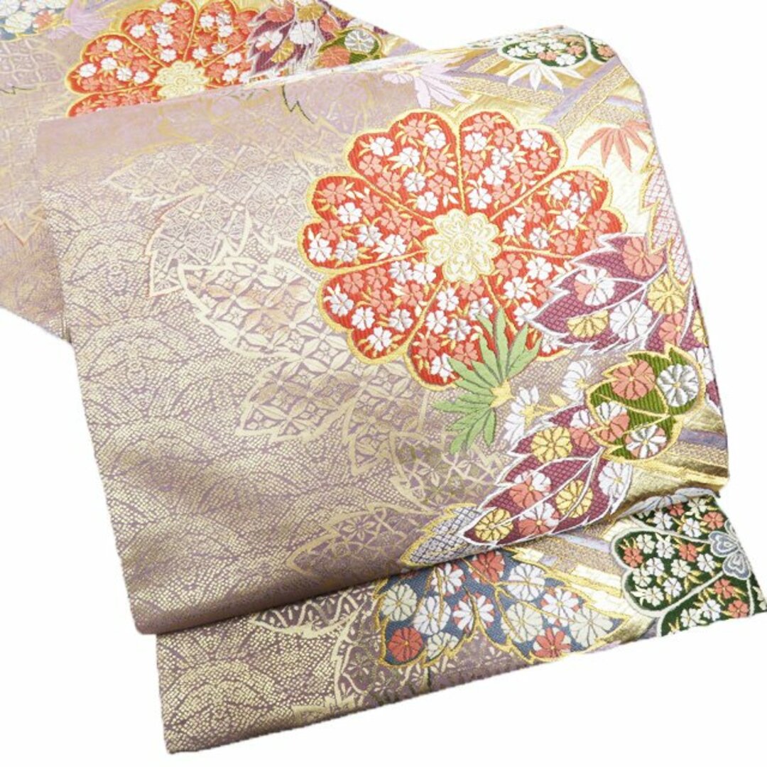 袋帯  リサイクル 正絹 花の図 菊 牡丹鼠色 多色 金 A857-15