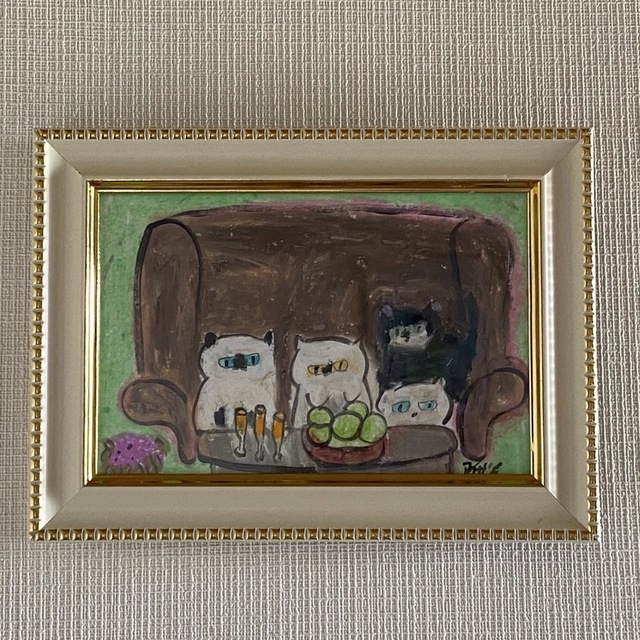 絵画。壁掛け絵原画手描き【ソファーの上の猫たちのシャンパンと青リンゴパーティー】