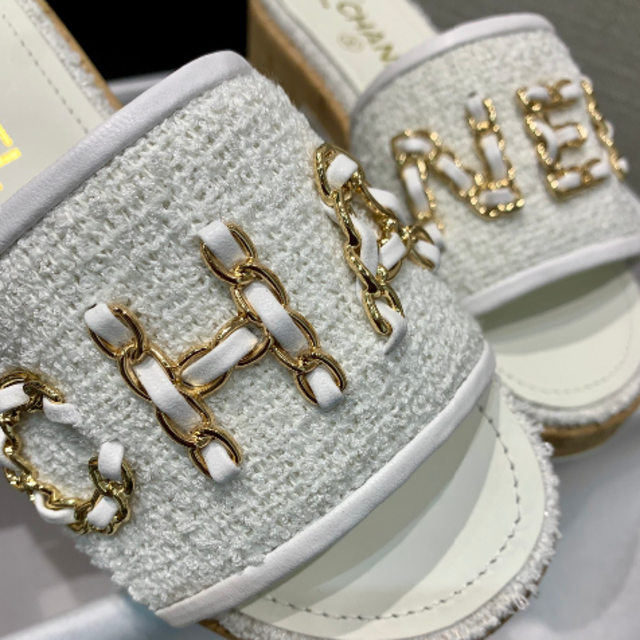 CHANEL レザー ツイード チェーンロゴデザイン サンダル | buyim.co.il