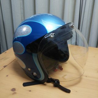 バイク用ジェットヘルメット メンズ／レディース フリーサイズ ブルーメタリック