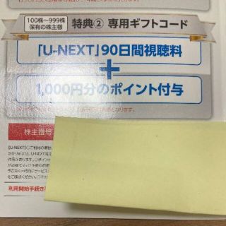 U-NEXT 株主優待90日間視聴料+1000ポイント(その他)