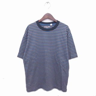 グローバルワーク(GLOBAL WORK)のグローバルワーク Tシャツ カットソー ボーダー モックネック 半袖 M 青 茶(Tシャツ/カットソー(半袖/袖なし))