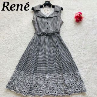 ルネ(René)の【美品】Rene  シャツワンピース　ギンガムチェック　刺繍　カットワーク(ひざ丈ワンピース)