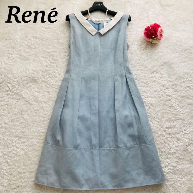 【美品】Rene 3way ワンピース　白襟　レース　リネン ライトブルー　36