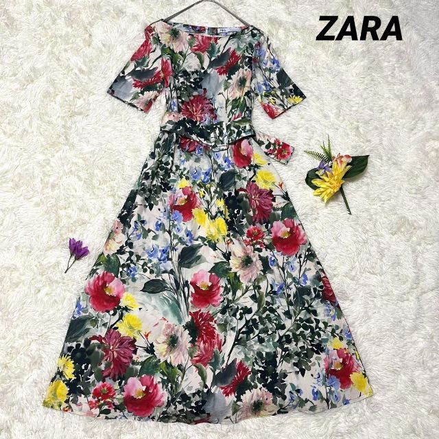 【新品】【L】ZARA♡ザラ 花柄 ベルト付き ロングワンピース レディース