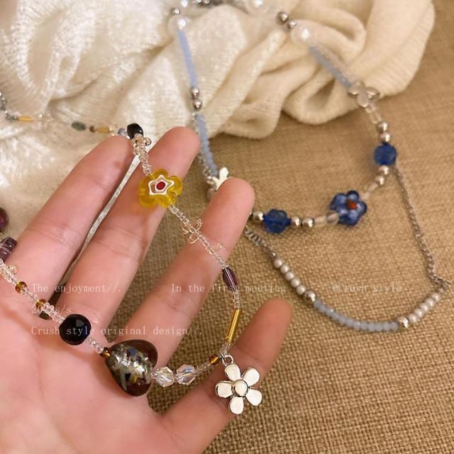 Vintage ハンドメイド シルバーフラワーモチーフ ビーズネックレスの ...