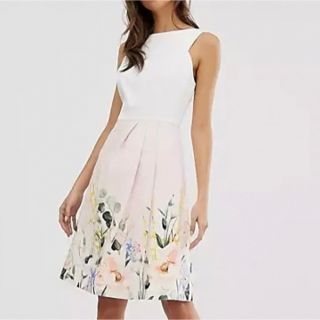 テッドベイカー(TED BAKER)のTED BAKER ワンピース　花柄　切り替え　ピンク　白　ホワイト　ドレス(ひざ丈ワンピース)