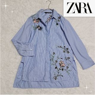 ザラ(ZARA)のZARA ザラ 花柄 刺繍 ストライプ シャツ ブラウス M(シャツ/ブラウス(長袖/七分))