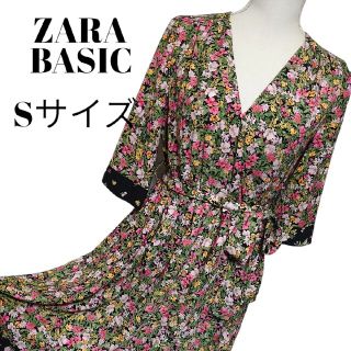 ザラ(ZARA)の美品　ザラベーシック　花柄の素敵な半袖ロングラップワンピース　Sサイズ(ロングワンピース/マキシワンピース)