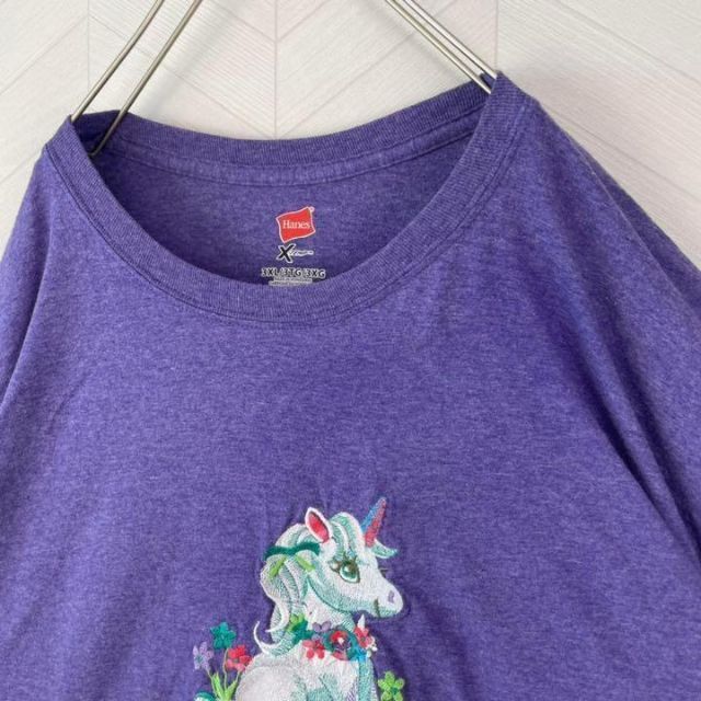 Hanes(ヘインズ)のUSA古着 Hanes Tシャツ ユニコーン 刺繍 キャラ 超ビックサイズ 紫 メンズのトップス(Tシャツ/カットソー(半袖/袖なし))の商品写真