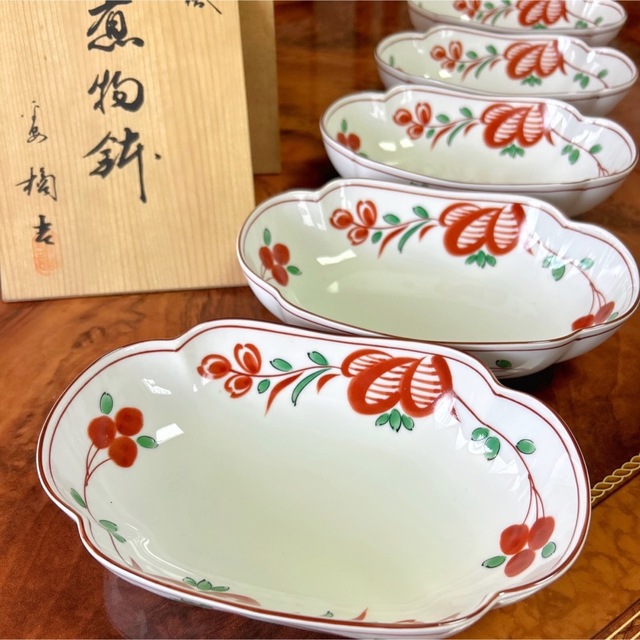 食器たち吉　赤絵　楕円皿　5枚セット　木箱付き　深皿　煮物鉢　中鉢　カレー皿　和食器