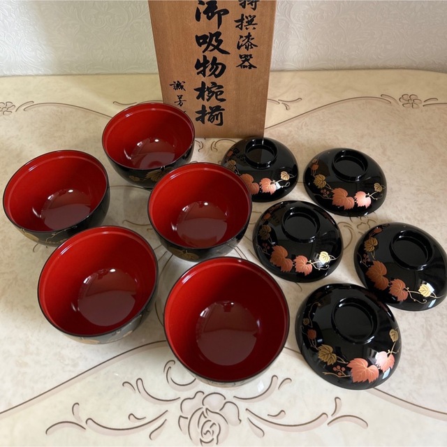 【新品】本漆 乙造作 鶴紋 御吸物椀 漆器 5客揃 総桐箱入